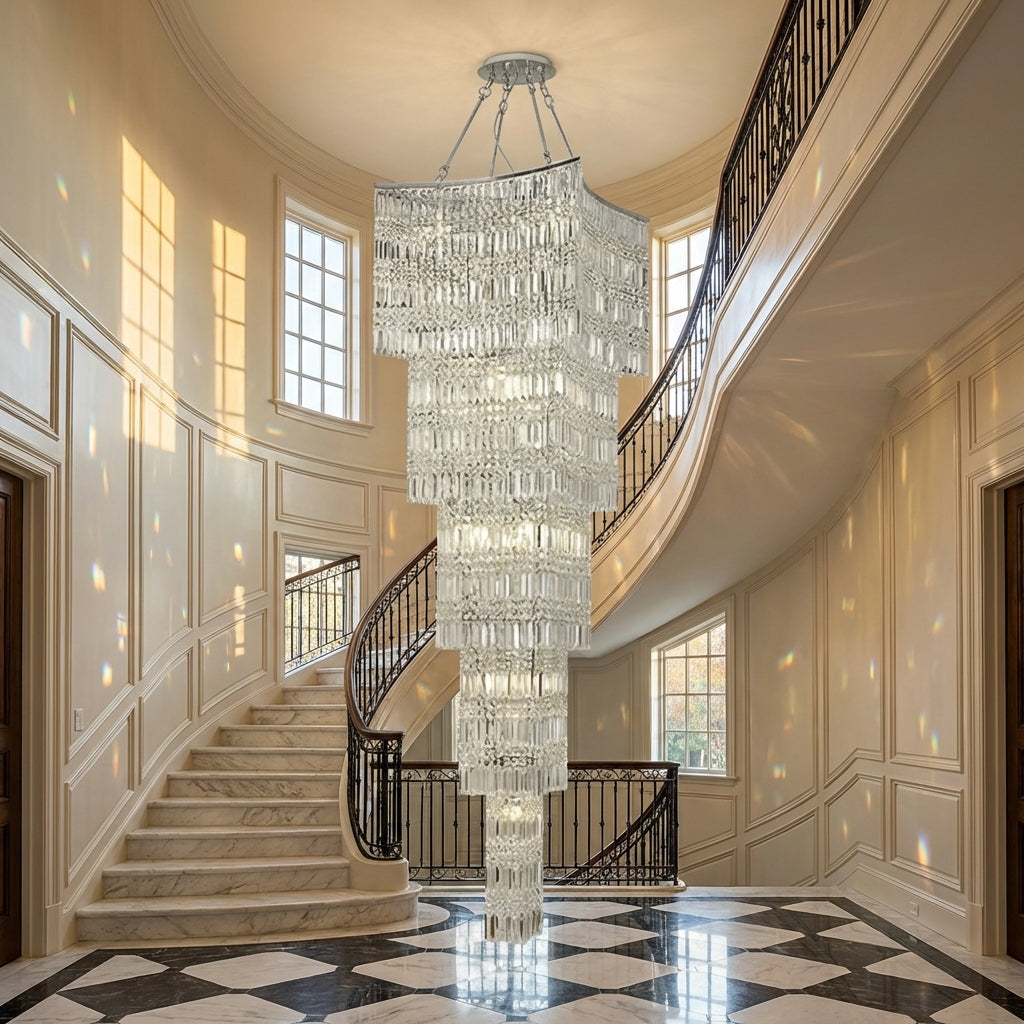 Luster Gaze Extra Large Foyer Vertical Layers K9 Crystal Chandelier Chrome Ceiling Lighting Fixture For Staircase Entryway Decor - Scene