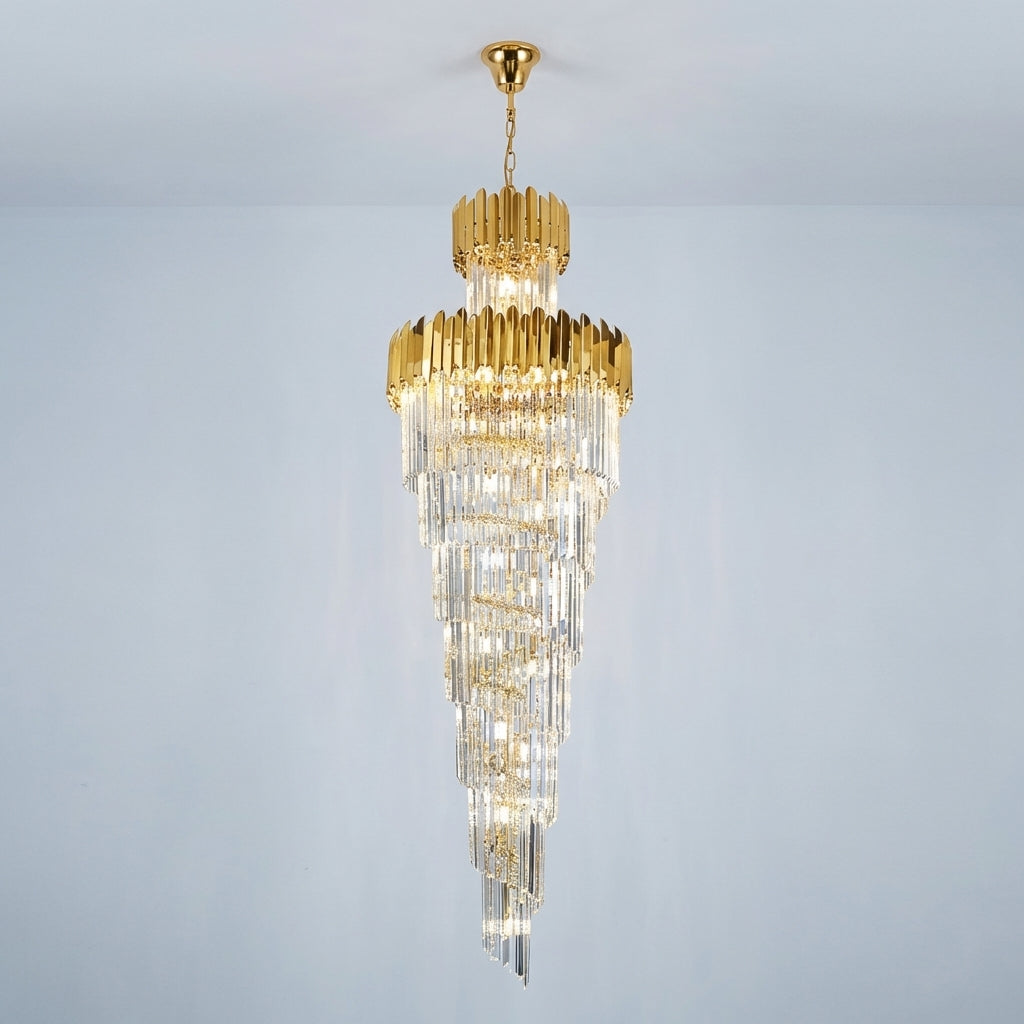 Luster Gaze Luxury Gold Trimmed Long Crystal Chandelier Foyer Staircase Extra Large Ceiling Light Fixture - Studio Shot