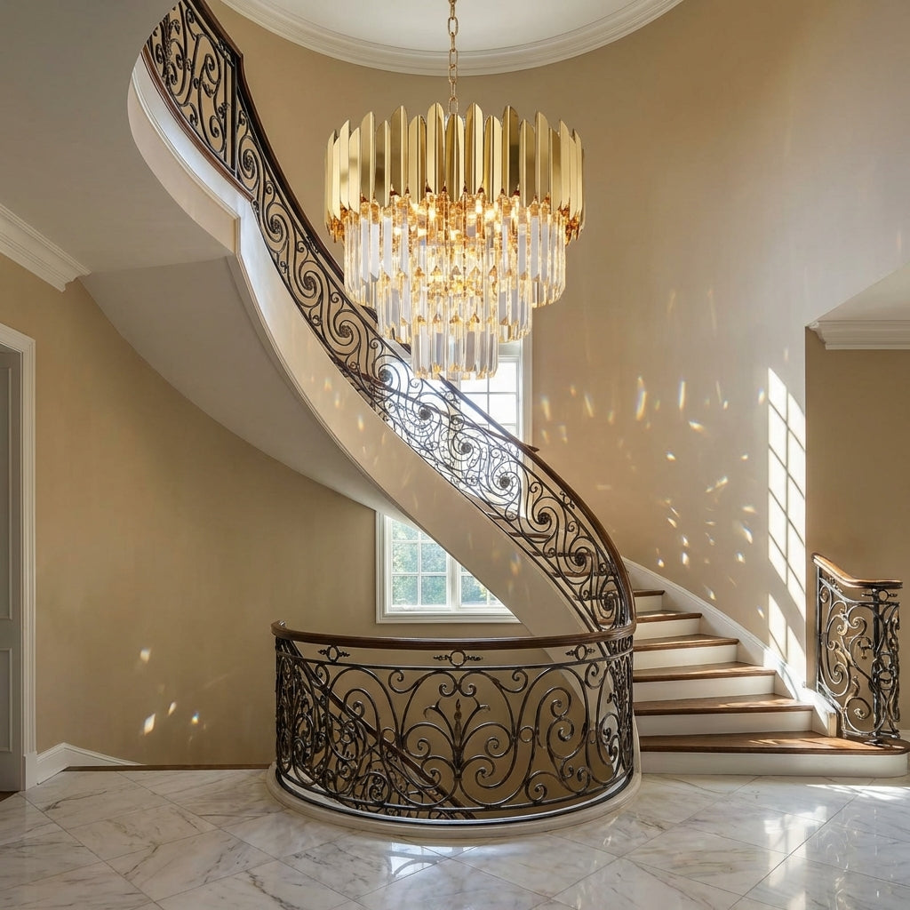 Luster Gaze Luxury Gold Trimmed Long Crystal Chandelier Foyer Staircase Extra Large Ceiling Light Fixture - Scene
