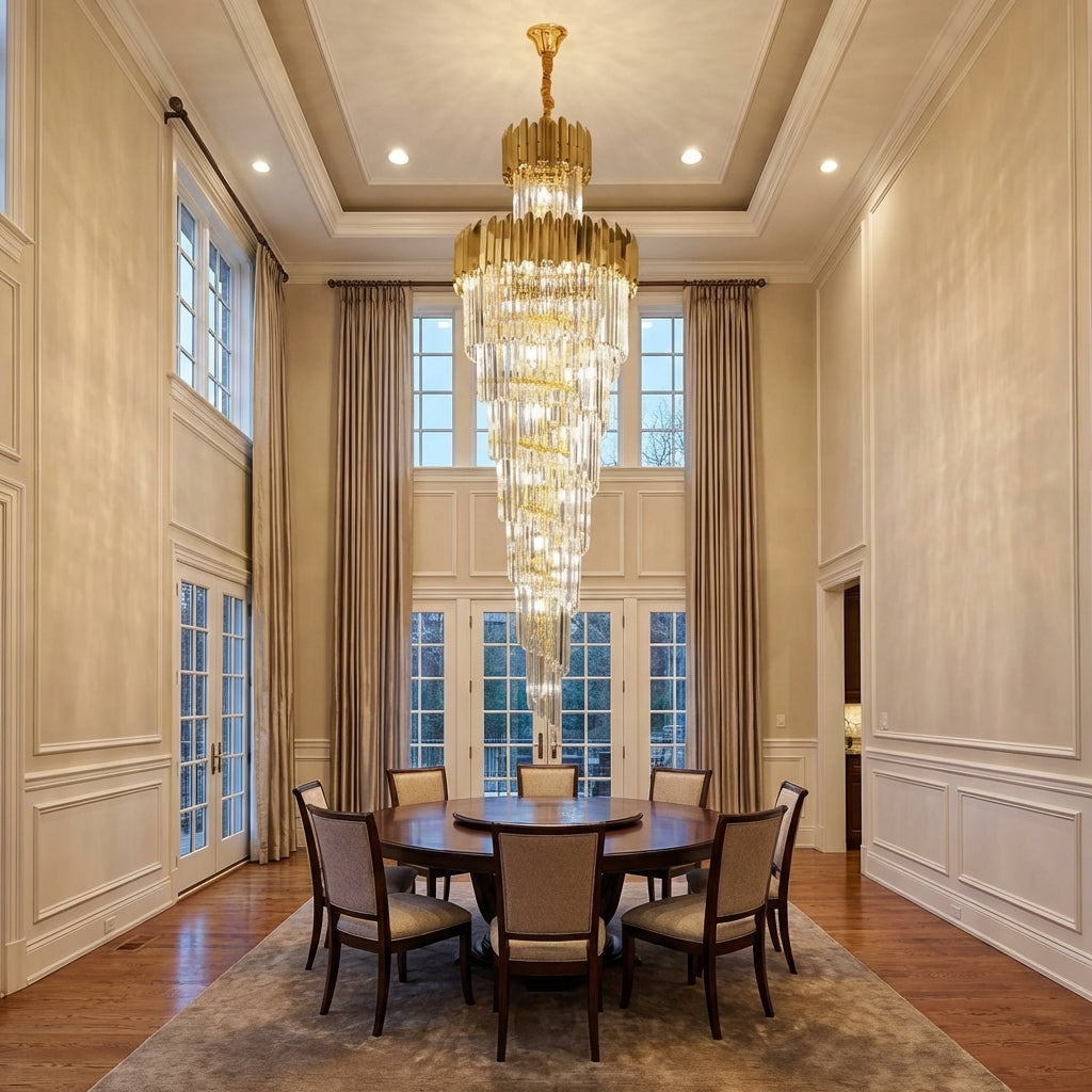 Luster Gaze Luxury Gold Trimmed Long Crystal Chandelier Foyer Staircase Extra Large Ceiling Light Fixture - Studio Shot