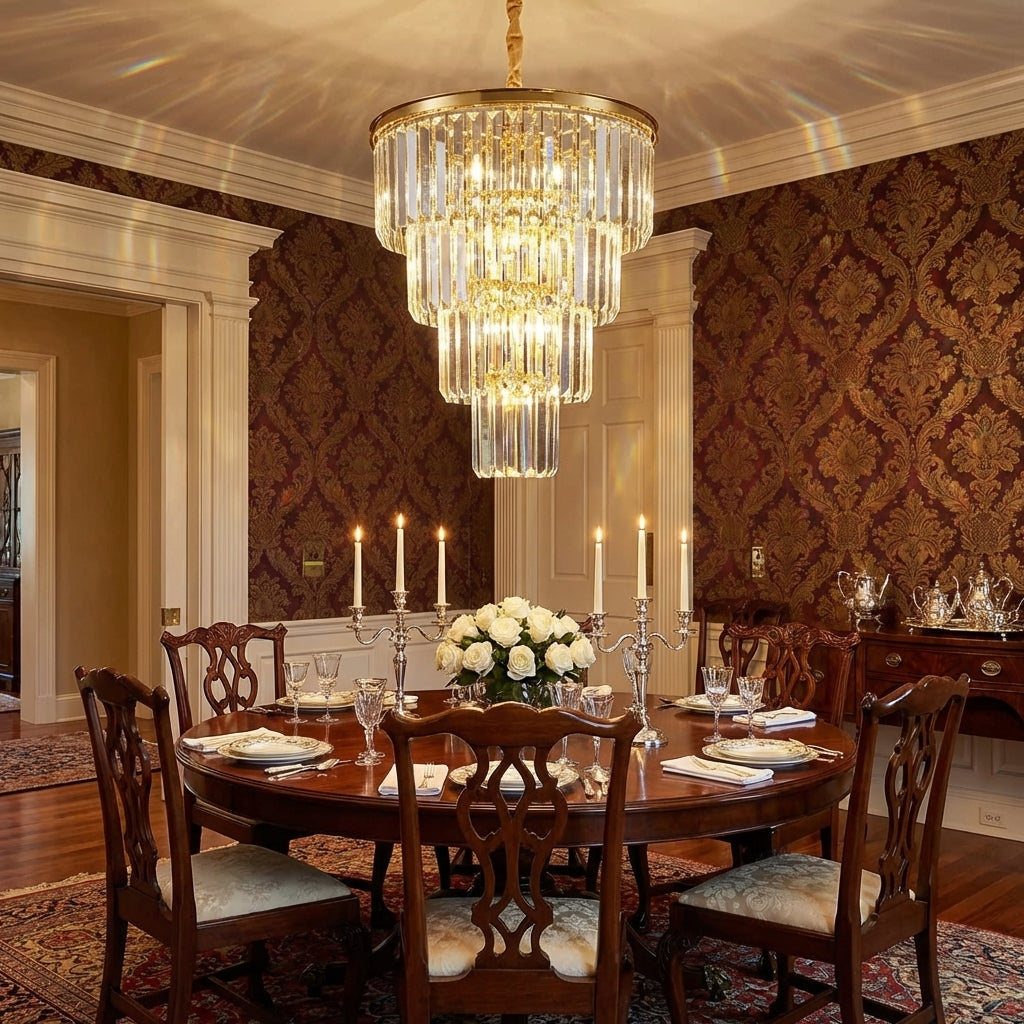 Luster Gaze Luxury Gold Trimmed Long Crystal Chandelier Foyer Staircase Extra Large Ceiling Light Fixture - Scene