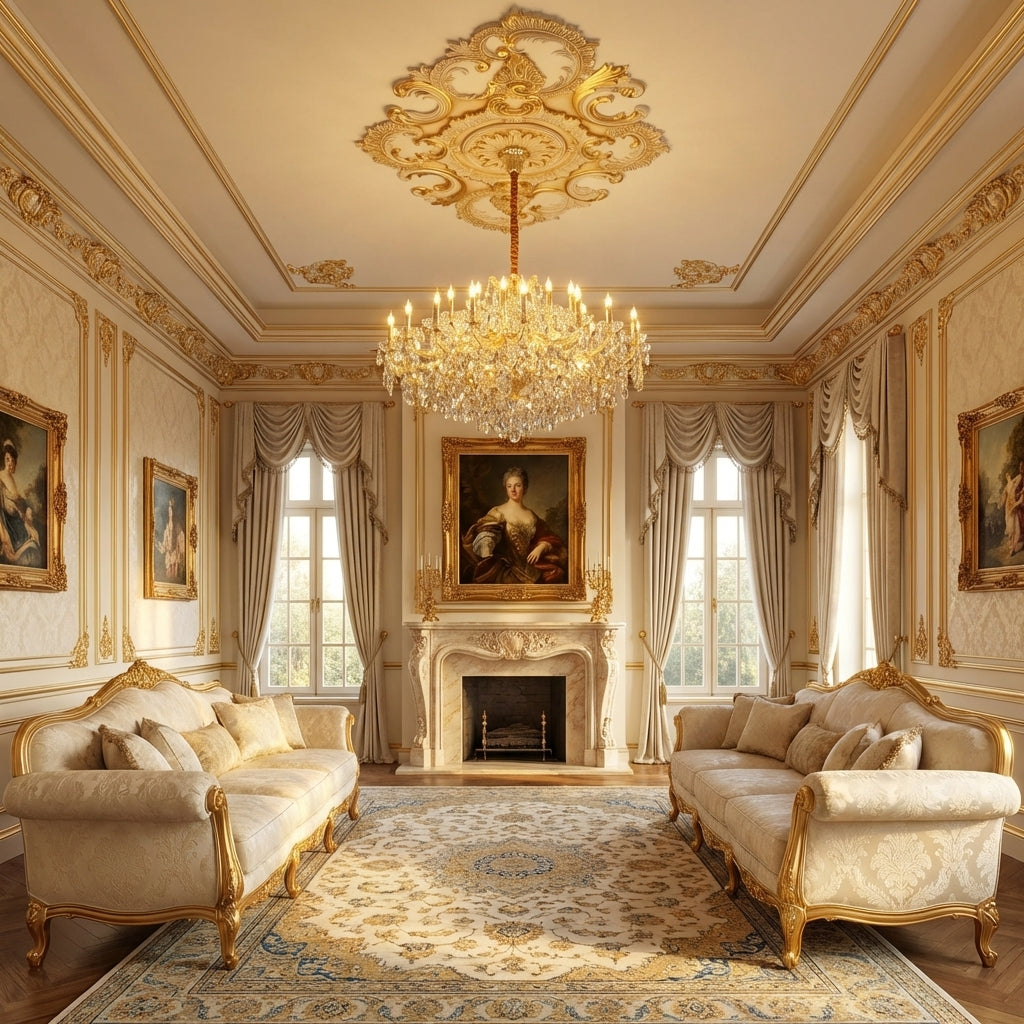 Luster Gaze Grand Lumina Extra Wide Crystal Chandelier - American formal living room with 12-foot ceilings