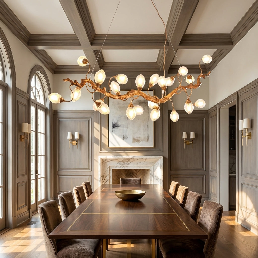 Luster Gaze Veridian Branch LED Chandelier with Clear Seedy Glass - dramatic American stairwell with soaring ceiling
