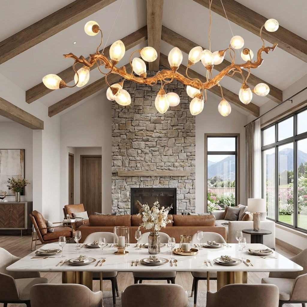 Luster Gaze Veridian Branch LED Chandelier with Clear Seedy Glass - American transitional great room with cathedral ceiling
