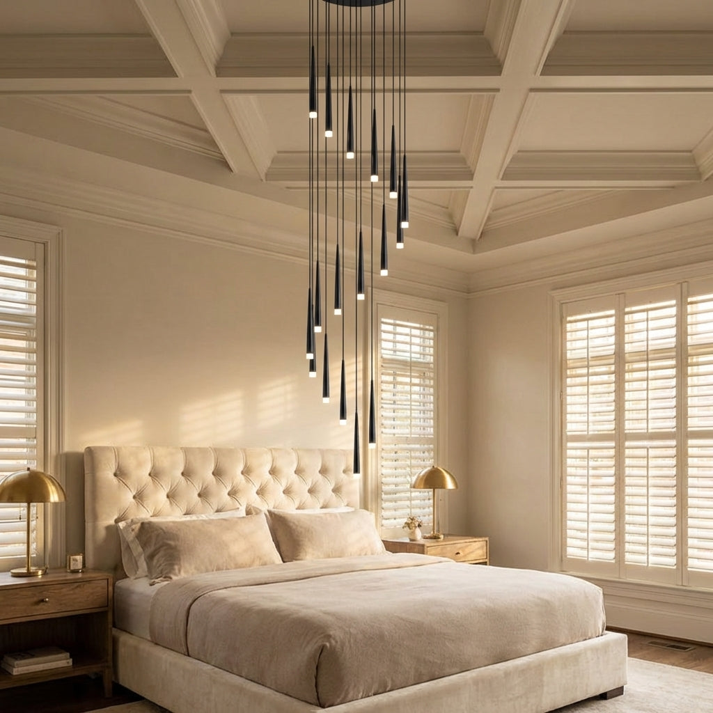Luster Gaze Aura Grand Foyer Chandelier - American master bedroom with coffered ceiling