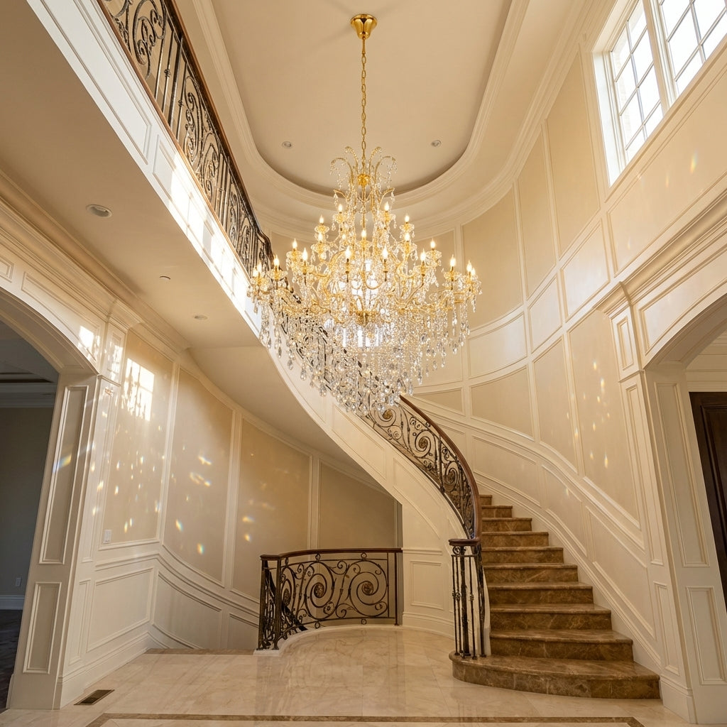 Luster Gaze Grand Lumina 44-Light Multi-Layer Crystal Chandelier - dramatic American stairwell with soaring ceiling