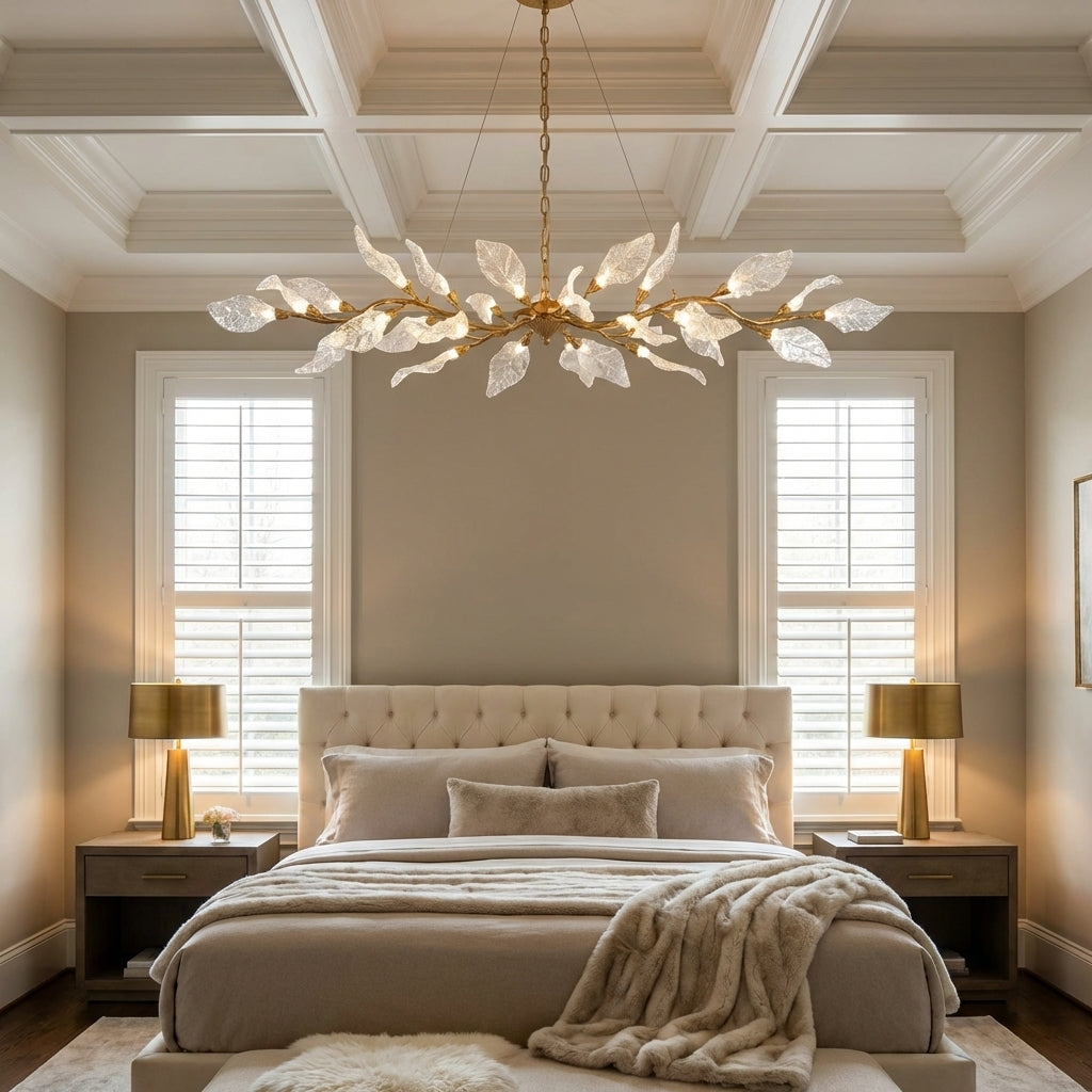 Luster Gaze Veridian Bloom Resin Chandelier - American master bedroom with coffered ceiling