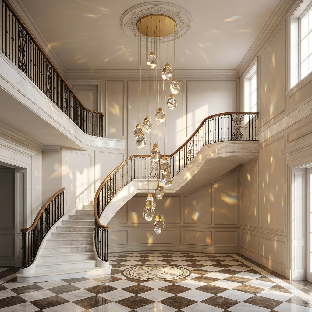 Luster Gaze Radiant Cascade Brass Chandelier - Scene