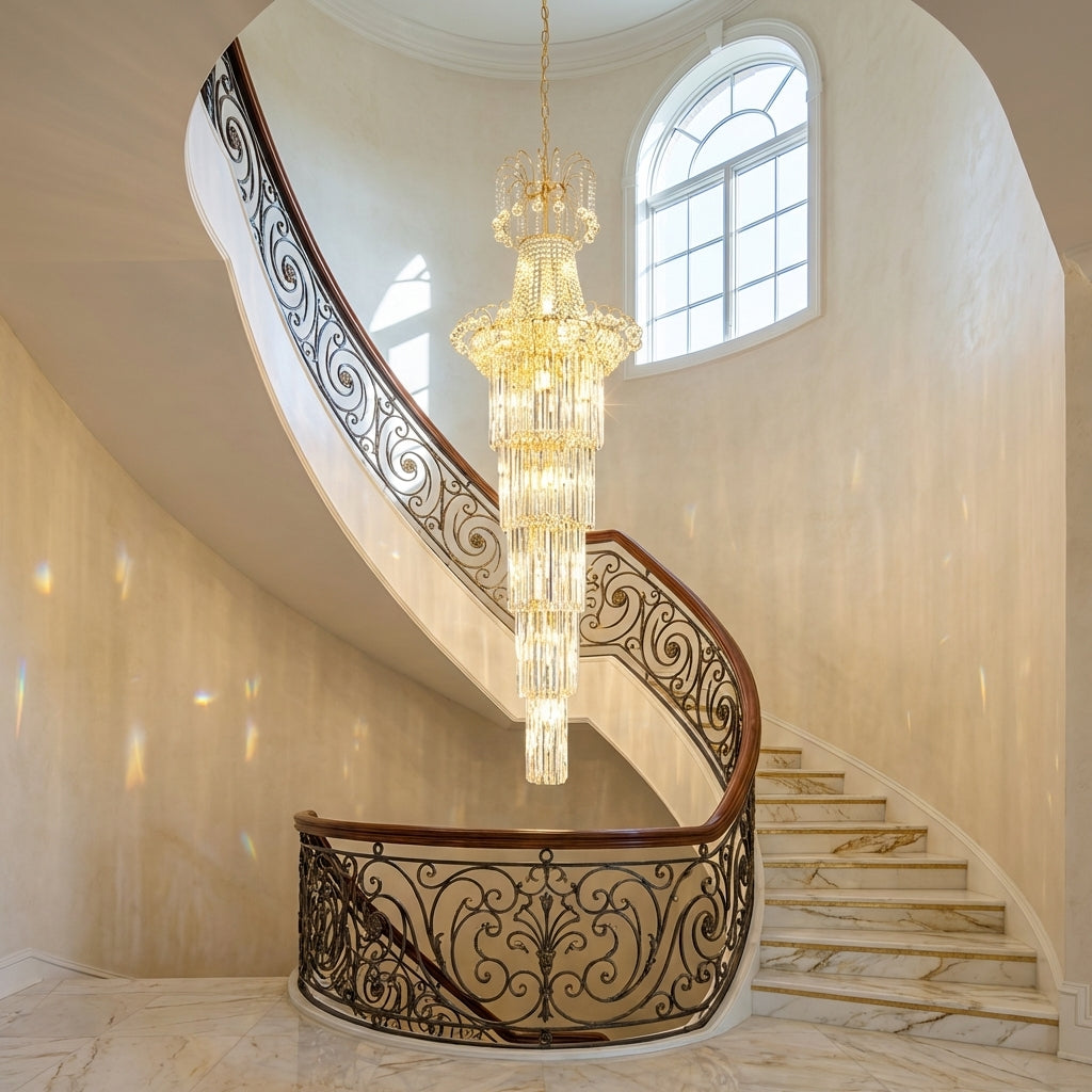 Luster Gaze New Style Royal Large Crystal Chandelier Long Ceiling Lighting Fixture For Living Room Staircase/ Entryway - dramatic American stairwell with soaring ceiling