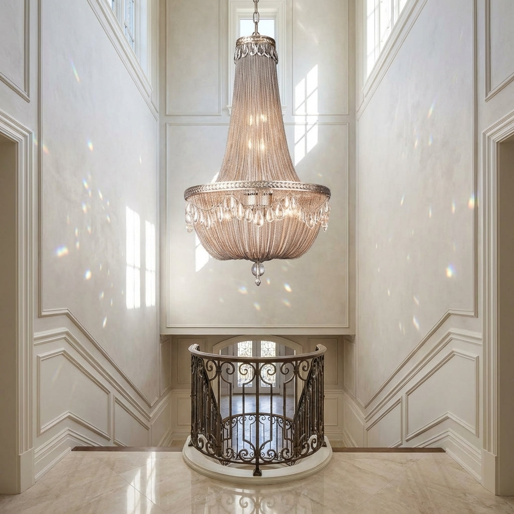 Luster Gaze Grand Lumina Metal and Crystal Chandelier - dramatic American stairwell with soaring ceiling