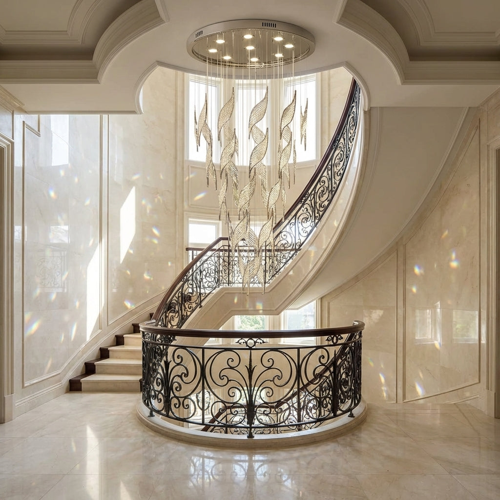 Luster Gaze Opulent Canopy Tiered Crystal Chandelier - dramatic American stairwell with soaring ceiling