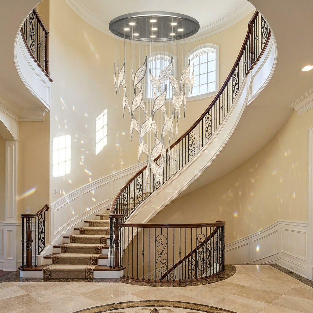 Luster Gaze Modern Light Luxury Multi-layered Openwork Leaf Crystal Chandelier for Living Room/ Staircase/Duplex - dramatic American stairwell with soaring ceiling
