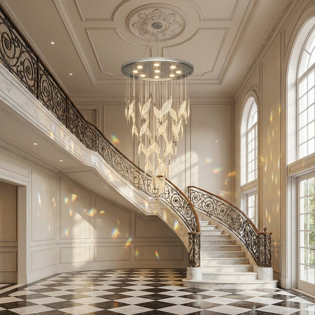 Luster Gaze Modern Light Luxury Multi-layered Openwork Leaf Crystal Chandelier for Living Room/ Staircase/Duplex - grand American estate foyer