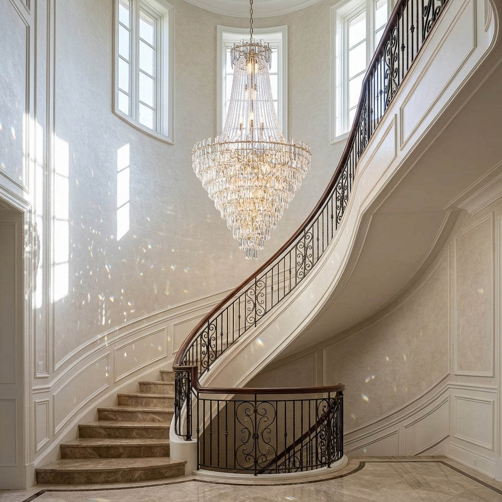 Luster Gaze Luxury Modern Multi-tiered Crystal Chandelier for Staircase/Foyer - dramatic American stairwell with soaring ceiling