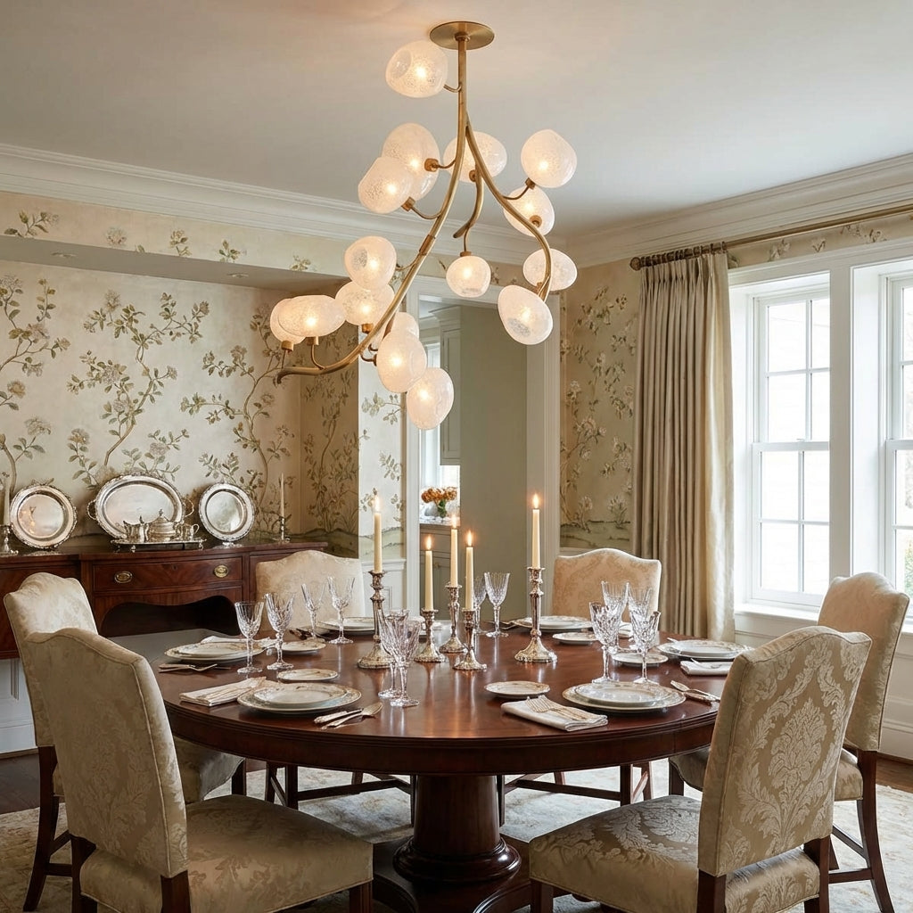 Luster Gaze Verdant Branch Brass Chandelier with Irregular Glass Shades - formal American dining room