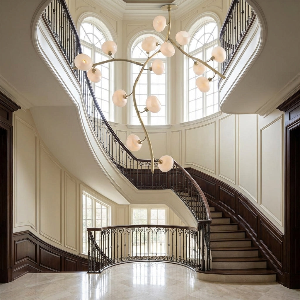 Luster Gaze Veridian Branch Glass Globe Chandelier - dramatic American stairwell with soaring ceiling