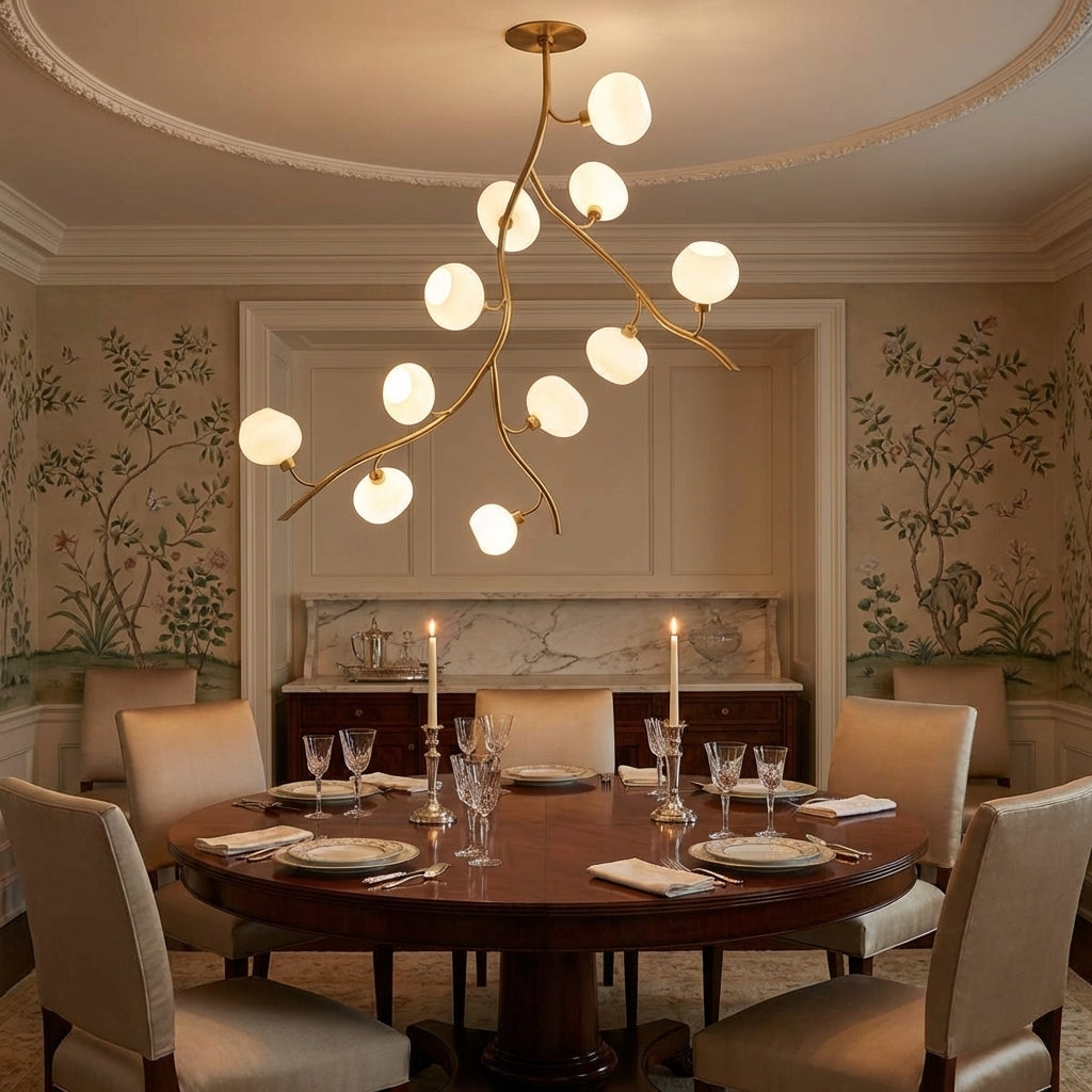 Luster Gaze Veridian Branch Brass Chandelier with Artisan Glass - formal American dining room