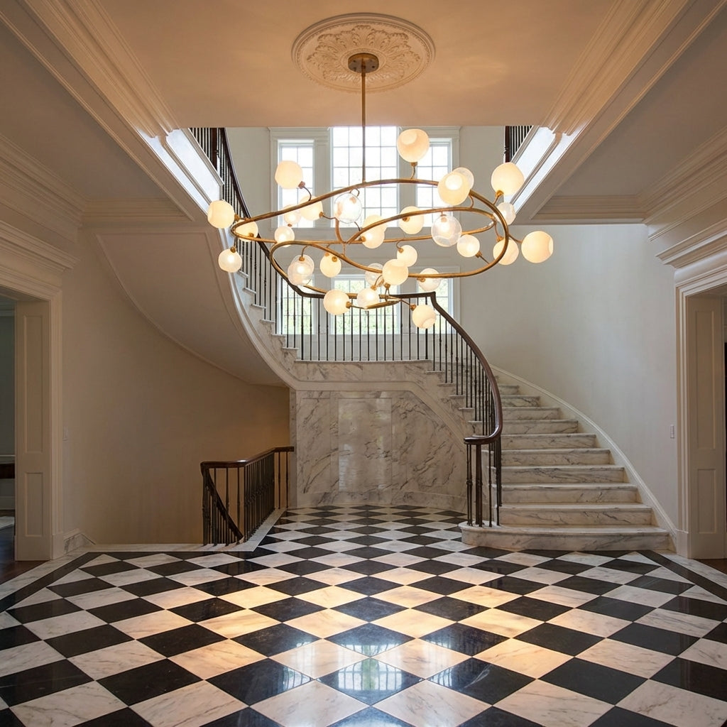 Luster Gaze Branching Orb Glass Chandelier - grand American estate foyer