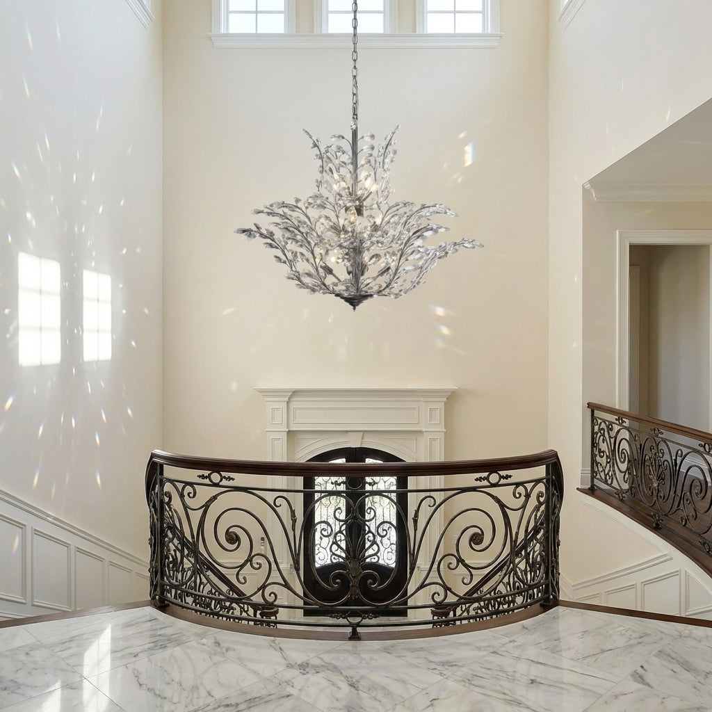 Luster Gaze Glimmering Canopy Crystal Chandelier - dramatic American stairwell with soaring ceiling