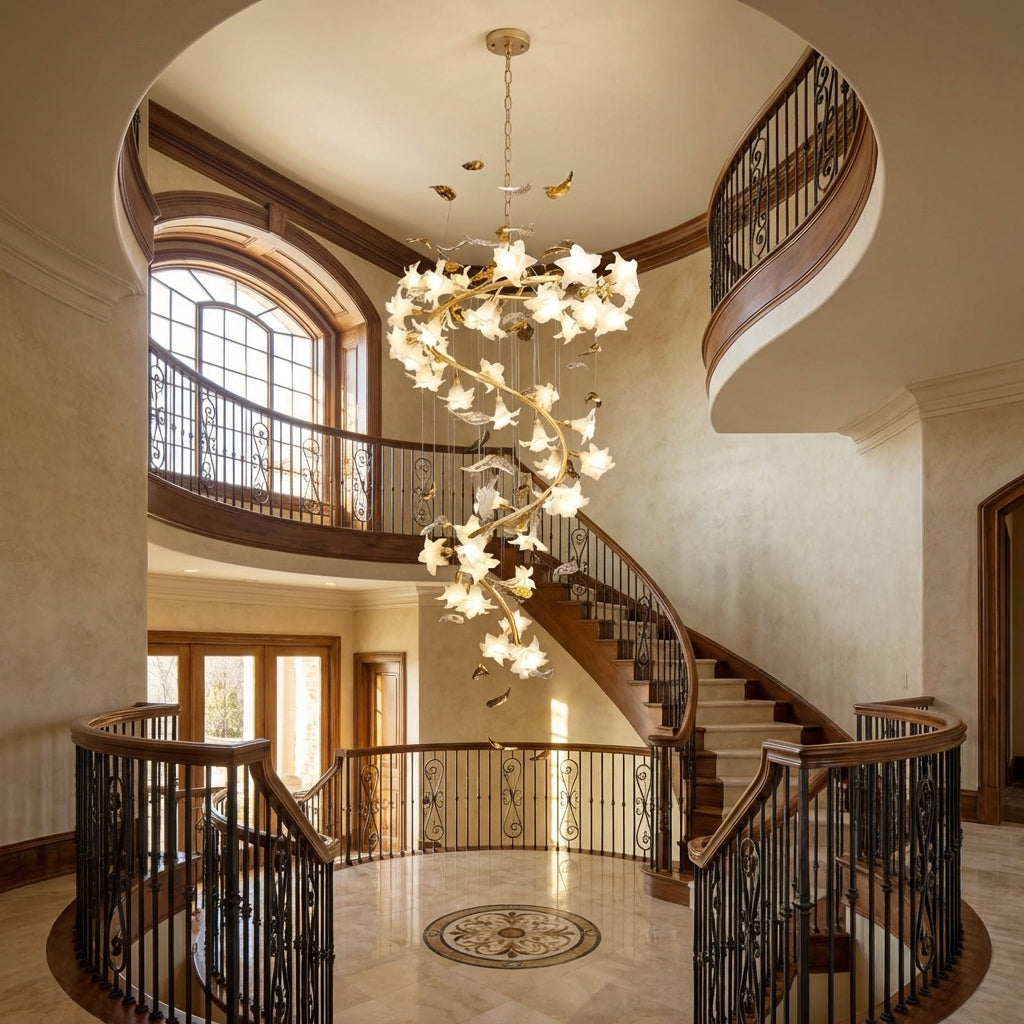 Luster Gaze Botanical Bloom Branch Chandelier - dramatic American stairwell with soaring ceiling