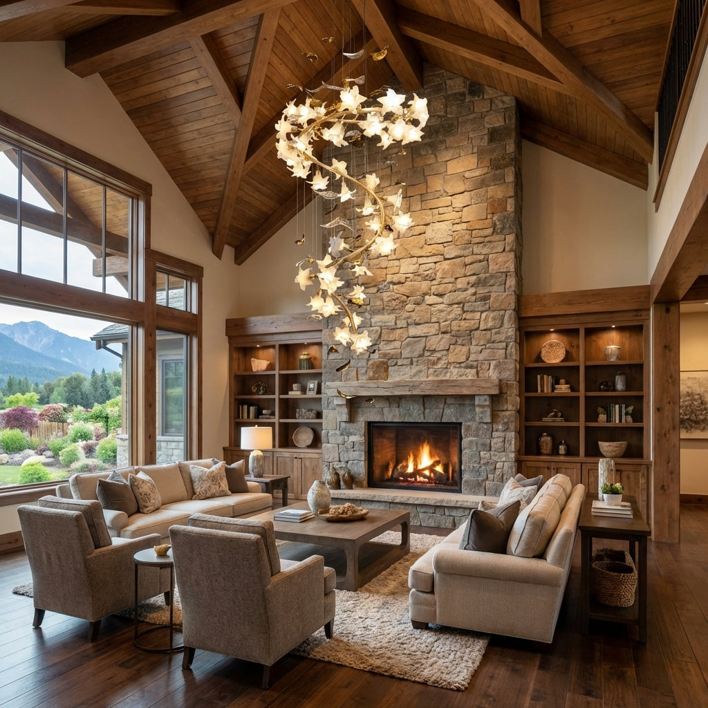 Luster Gaze Botanical Bloom Branch Chandelier - American transitional great room with cathedral ceiling