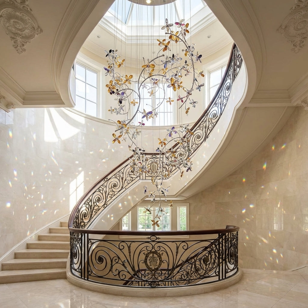 Luster Gaze Luxury Branch Flower Crystal Chandelier for High Ceiling Staircase Foyer and Hallway Decor - Scene
