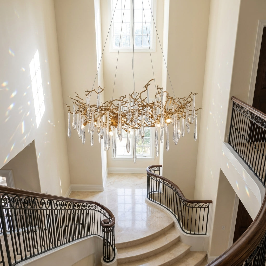 Luster Gaze New Clear Crystal Rain Copper Branch Chandelier Modern Designer Pendant Light For Dining Table/Kitchen Island - dramatic American stairwell with soaring ceiling