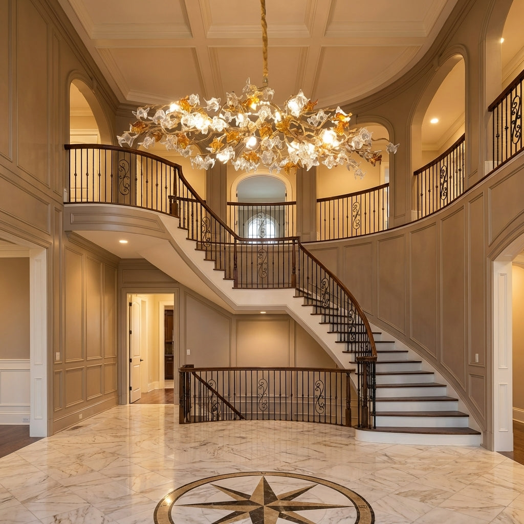 Luster Gaze Veridian Bloom Brass Branch Chandelier - grand American foyer with two-story ceiling