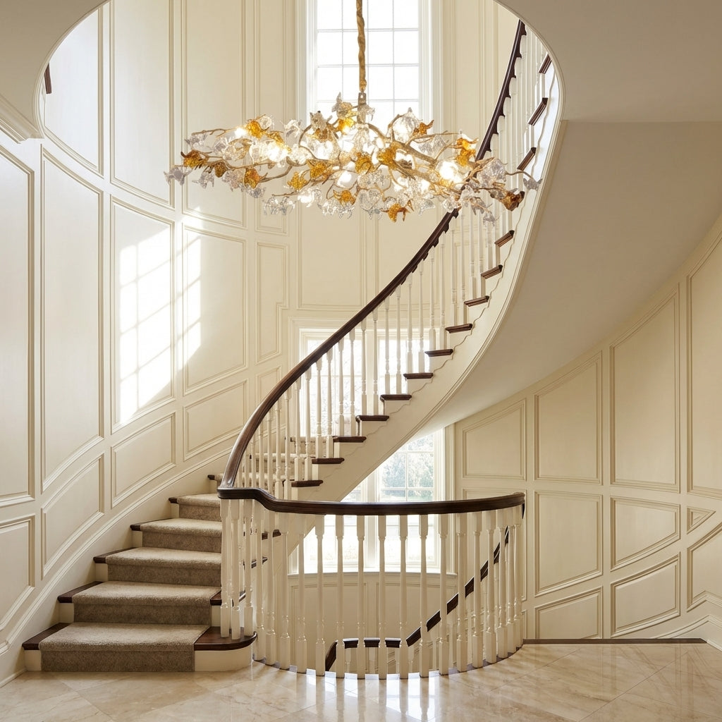 Luster Gaze Veridian Bloom Brass Branch Chandelier - dramatic American stairwell with soaring ceiling