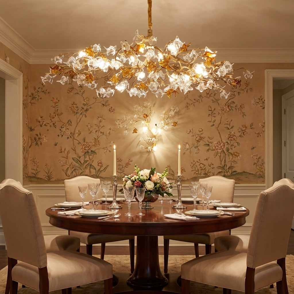 Luster Gaze Veridian Bloom Brass Branch Chandelier - formal American dining room