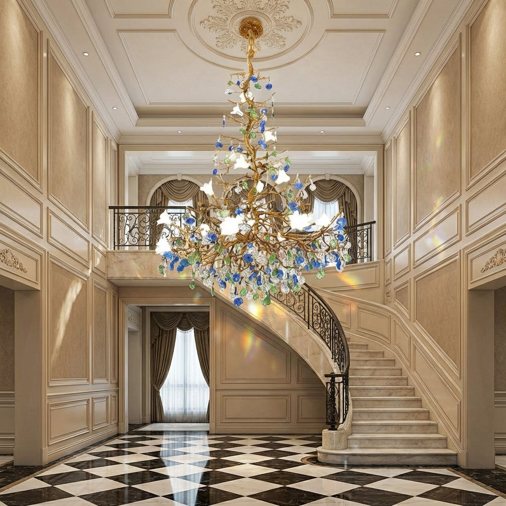 Luster Gaze Stylish Colored Glaze Flower Crystal Chandelier Brass Tree Branch Ceiling Light For Living Room Hotel Hal - Scene
