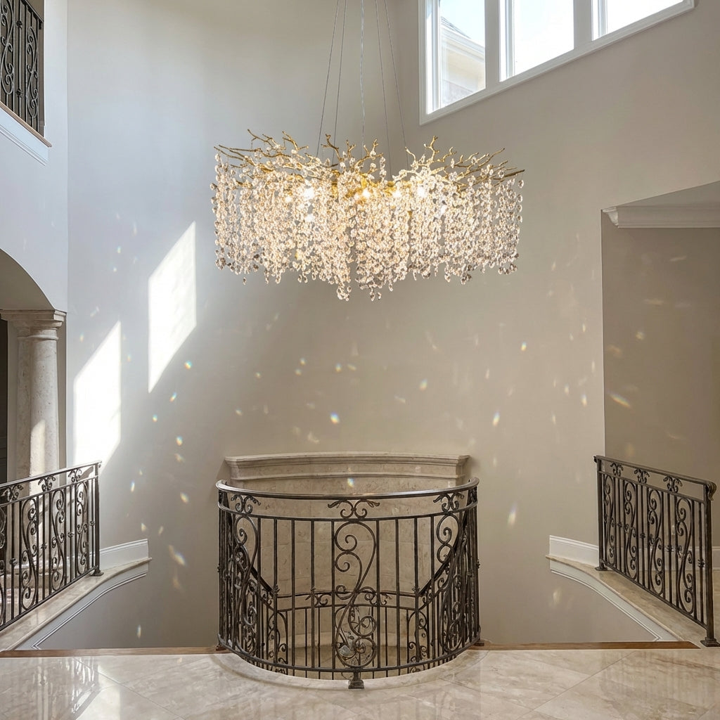 Luster Gaze Veridian Bloom Floral Crystal Chandelier - dramatic American stairwell with soaring ceiling