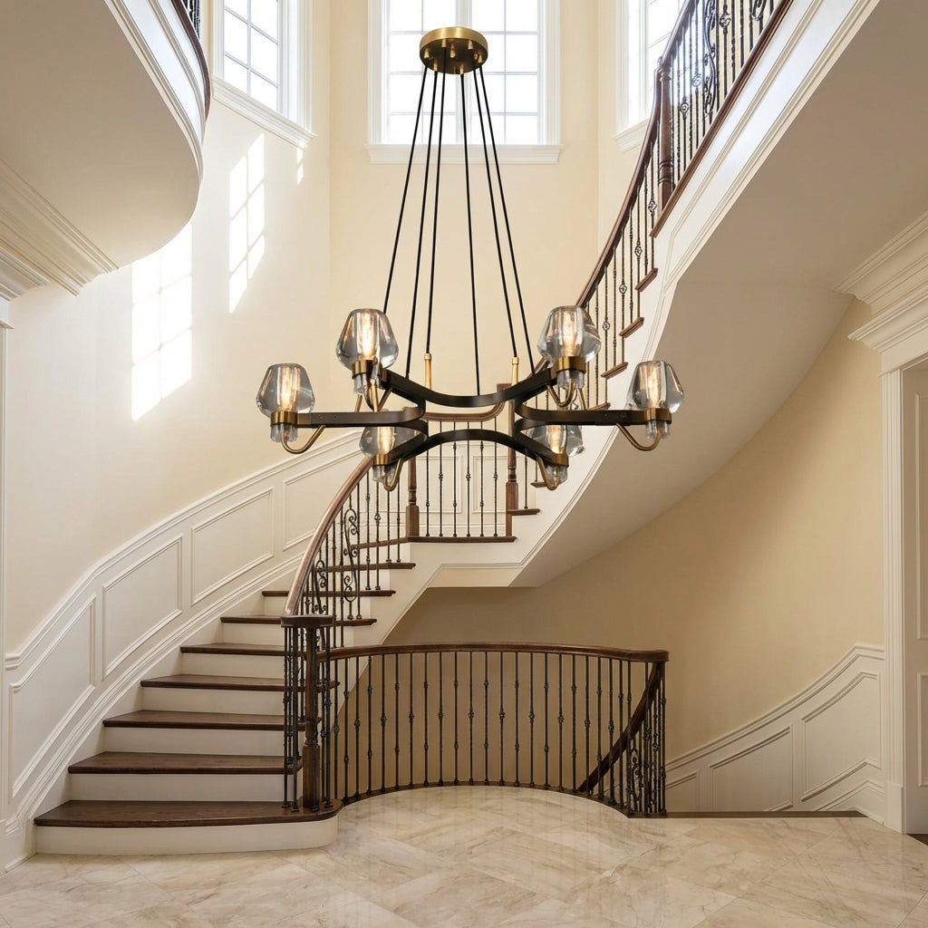 Luster Gaze Post-modern Light Full Brass Chandelier for Living Room/Bedroom - dramatic American stairwell with soaring ceiling