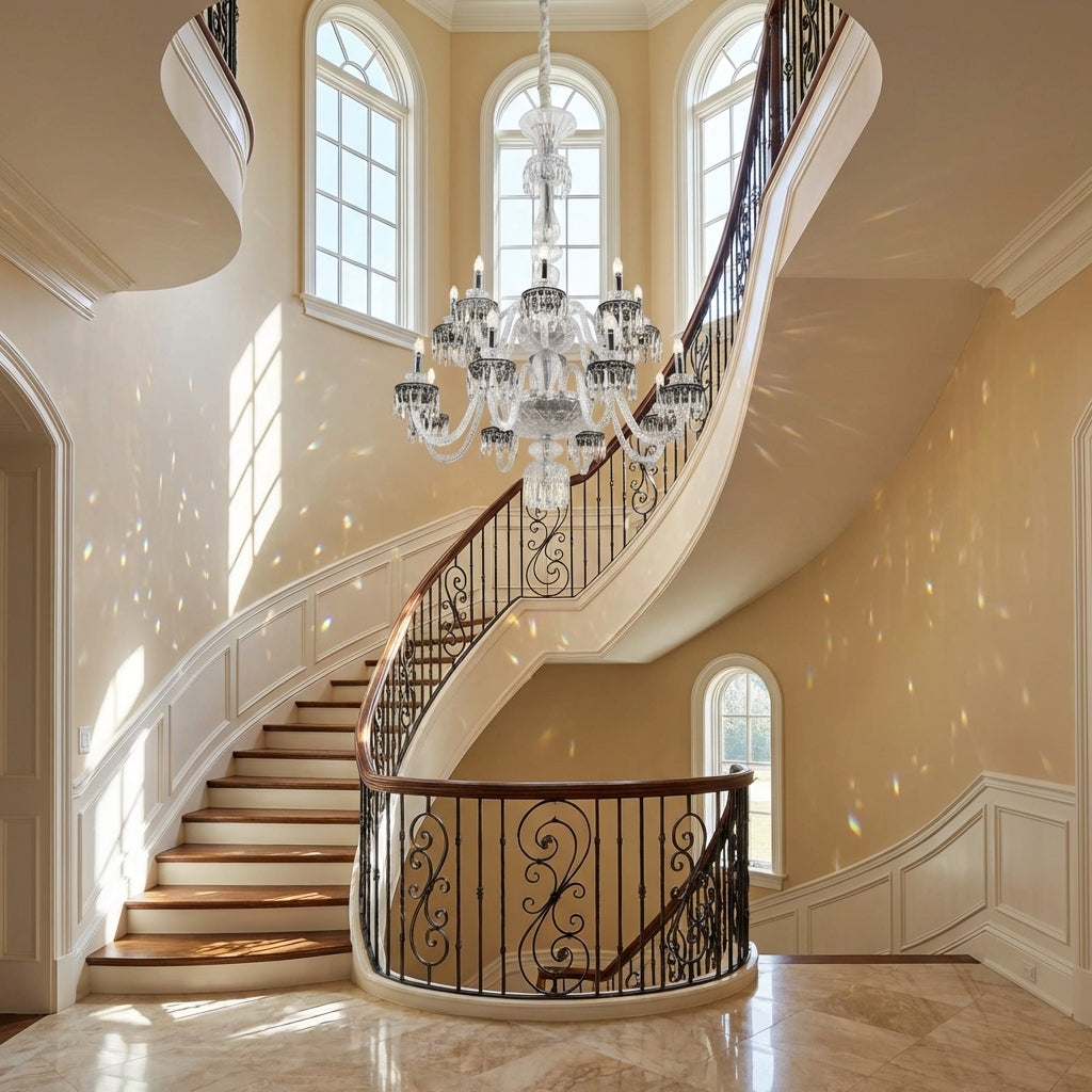 Luster Gaze Veridian Bloom Crystal Chandelier - dramatic American stairwell with soaring ceiling