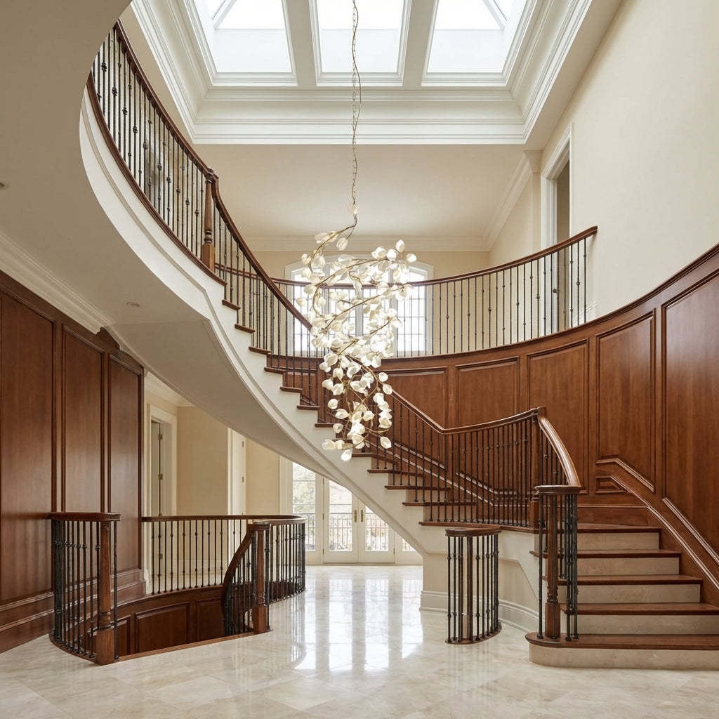 Luster Gaze Magnolia Bloom Spiral Grand Chandelier - dramatic American stairwell with soaring ceiling