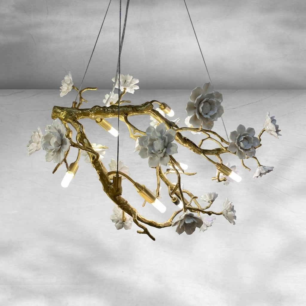 Luster Gaze Blossom Branch Brass & Ceramic Chandelier - Background Shot