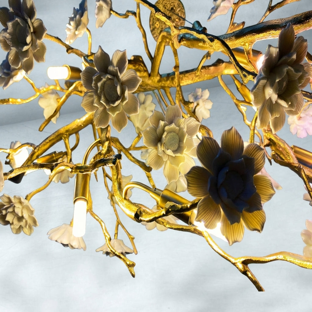 Luster Gaze Blossom Branch Brass & Ceramic Chandelier - Background Shot