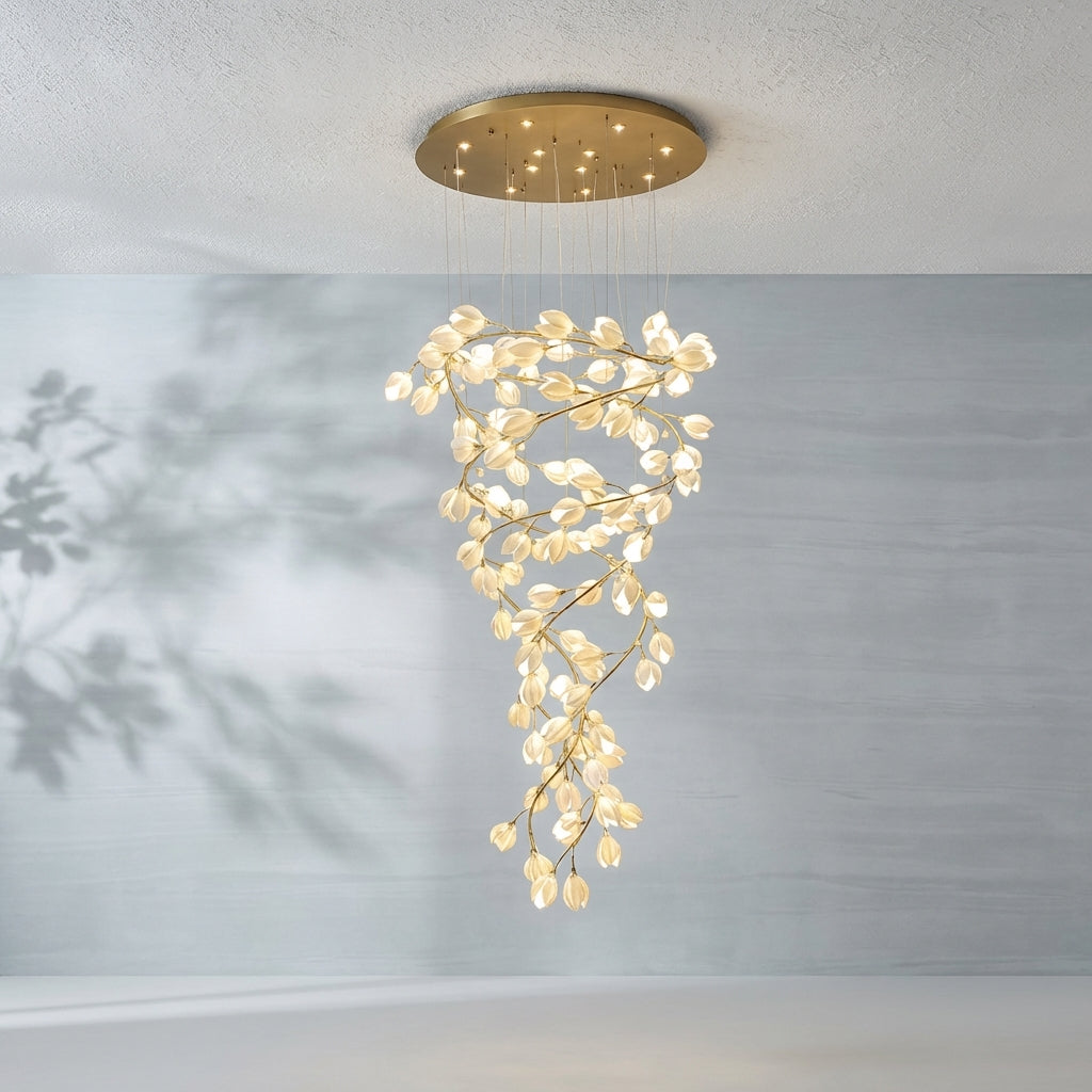 Luster Gaze Spiral Pure White Magnolia Chandelier with Golden Branches for Staircase/High-ceiling Space/Foyer/ Duplex - Studio Shot