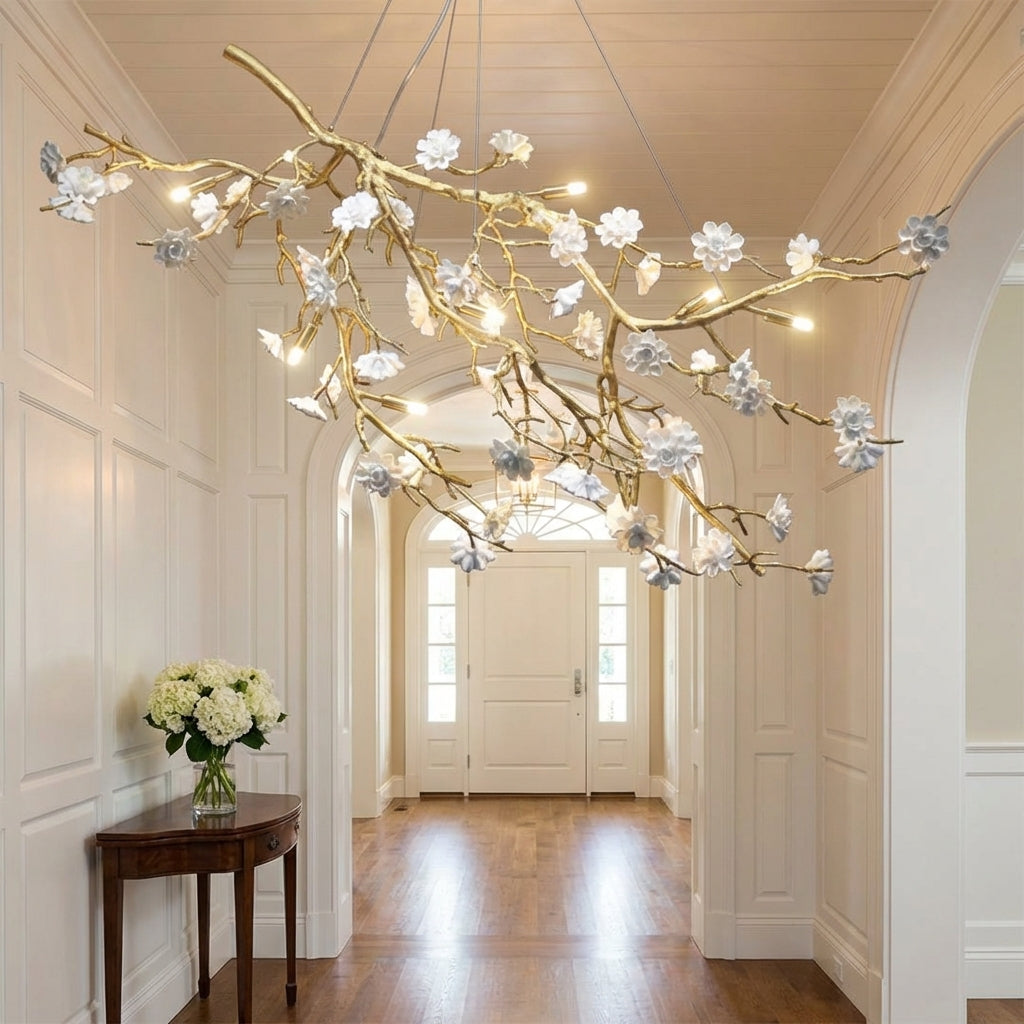 Luster Gaze Blossom Branch Brass & Ceramic Chandelier - elegant American entryway with arched doorway