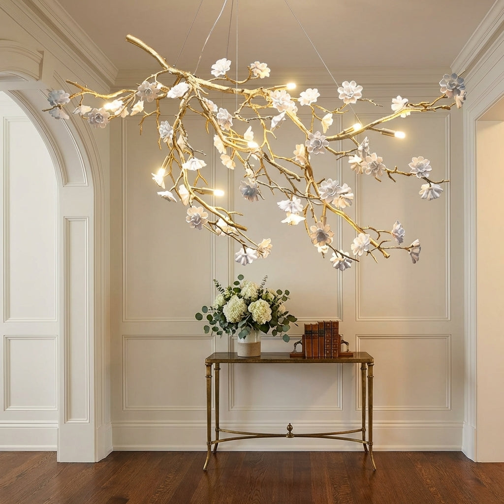 Luster Gaze Blossom Branch Brass & Ceramic Chandelier - elegant American entryway with arched doorway