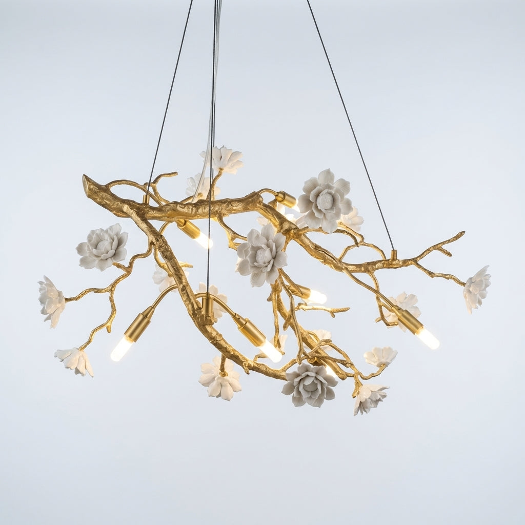 Luster Gaze Post-Modern Art Brass and Ceramics Flower Pendant Branch Chandelier for Living/Dining Room - Studio Shot