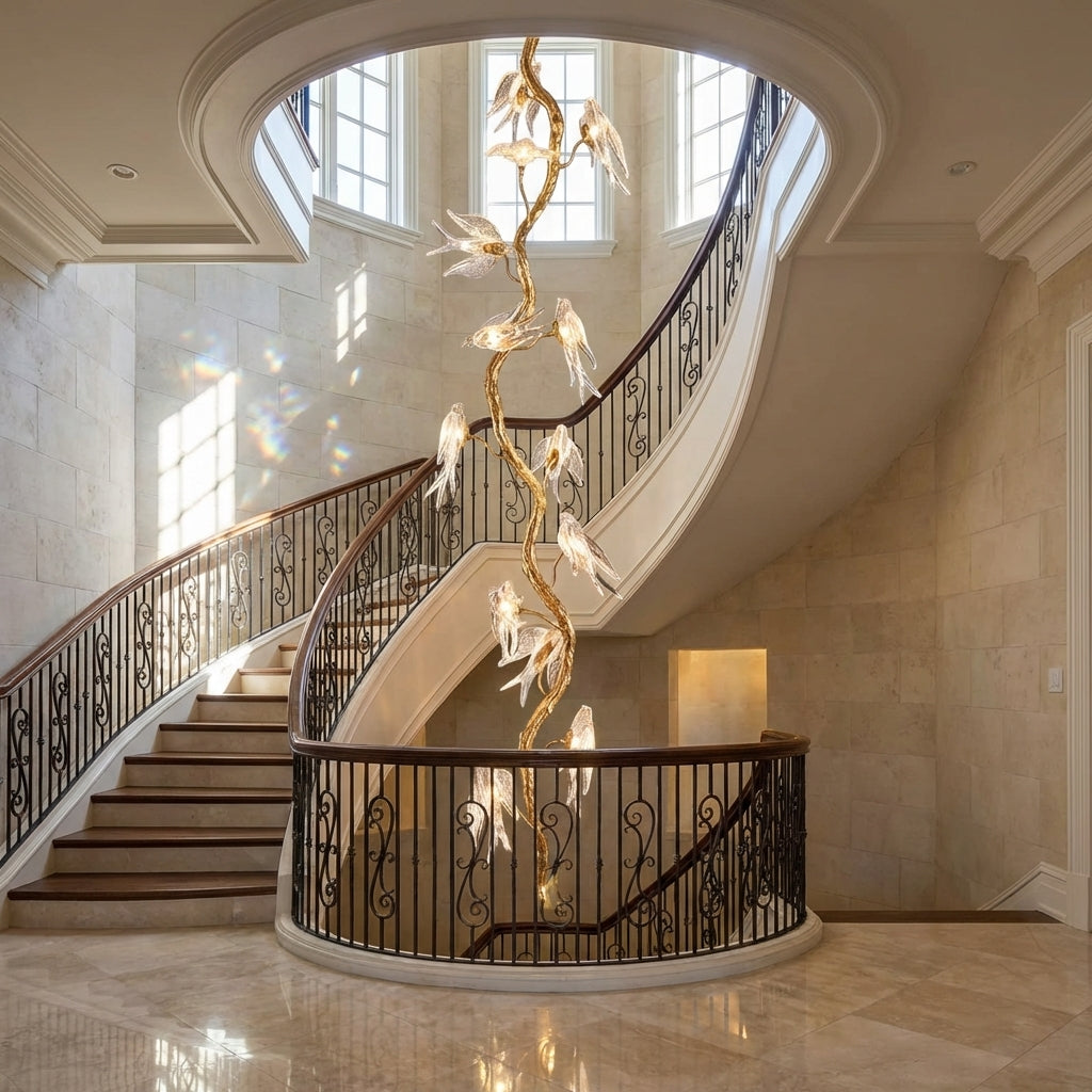 Luster Gaze Swallow Glass Long Tree Branch Chandelier - dramatic American stairwell with soaring ceiling