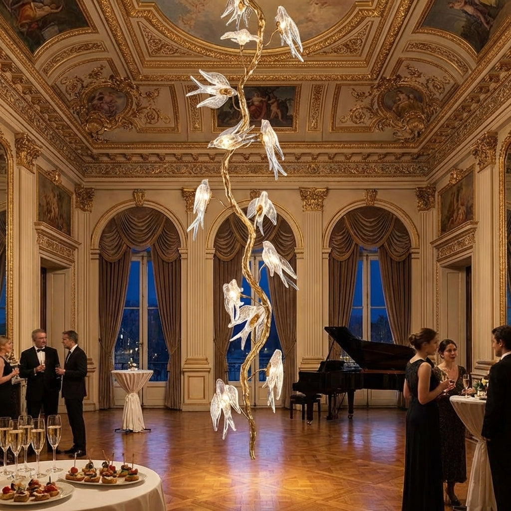 Luster Gaze Swallow Glass Long Tree Branch Chandelier - American ballroom or formal entertaining space