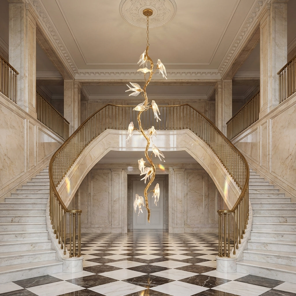 Luster Gaze Swallow Glass Long Tree Branch Chandelier - grand American estate foyer