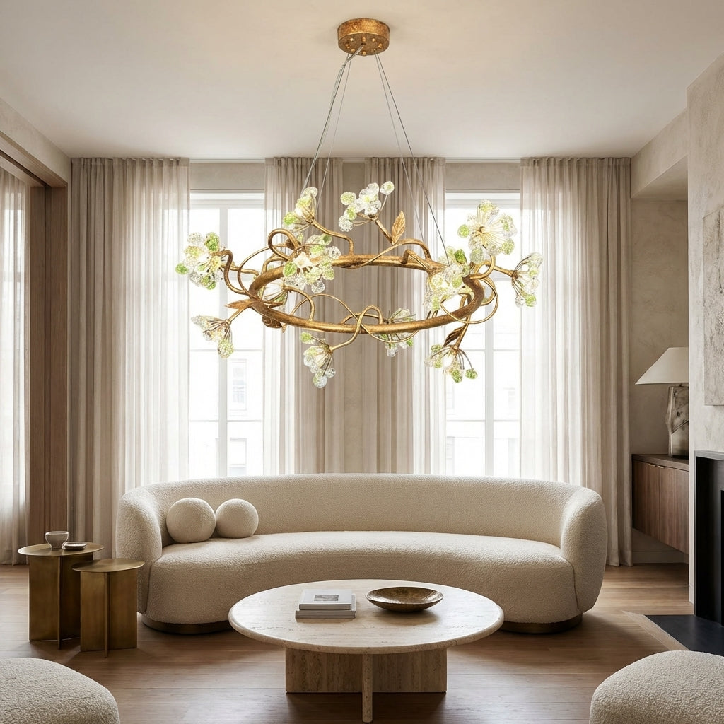 Luster Gaze Verdant Bloom Brass Ring Chandelier - sophisticated American living room