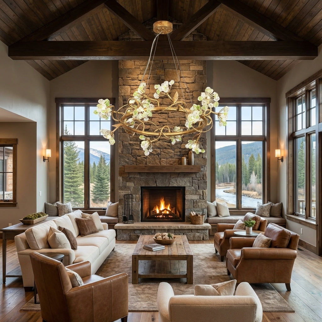 Luster Gaze Verdant Bloom Brass Ring Chandelier - American transitional great room with cathedral ceiling