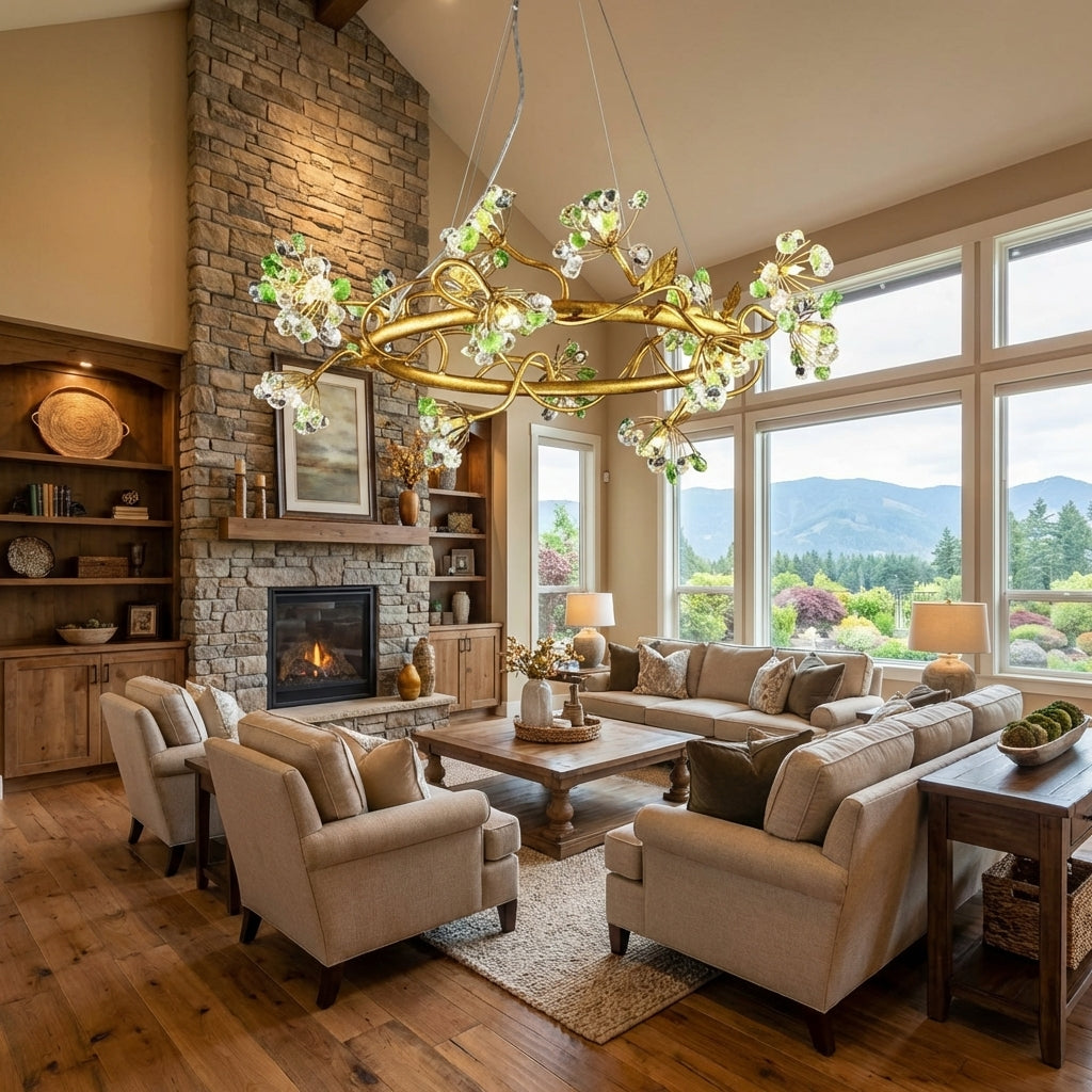 Luster Gaze Verdant Bloom Brass Ring Chandelier - American transitional great room with cathedral ceiling