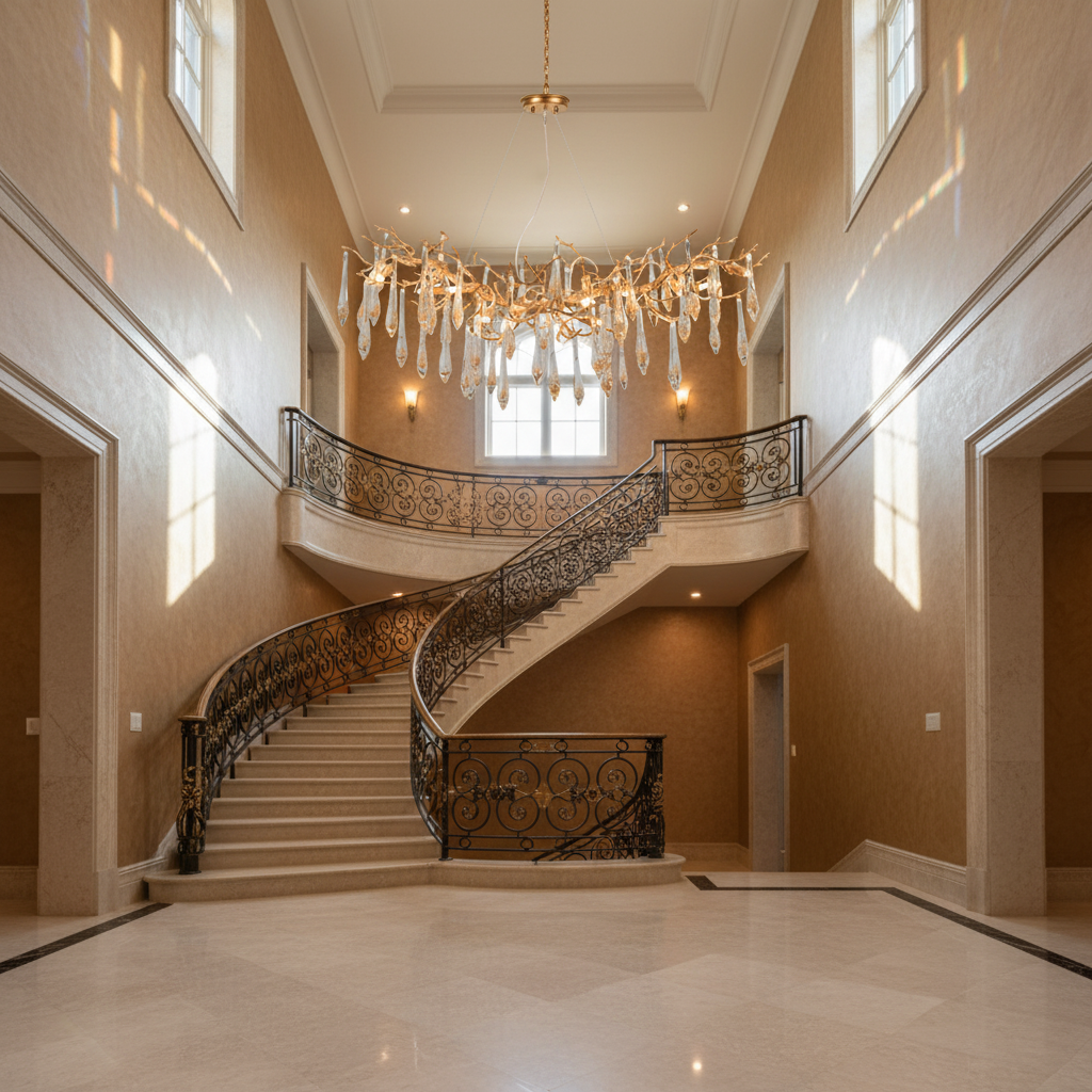 Luster Gaze Agnes Brass Branch Crystal Chandelier For Dining Room - dramatic American stairwell with soaring ceiling
