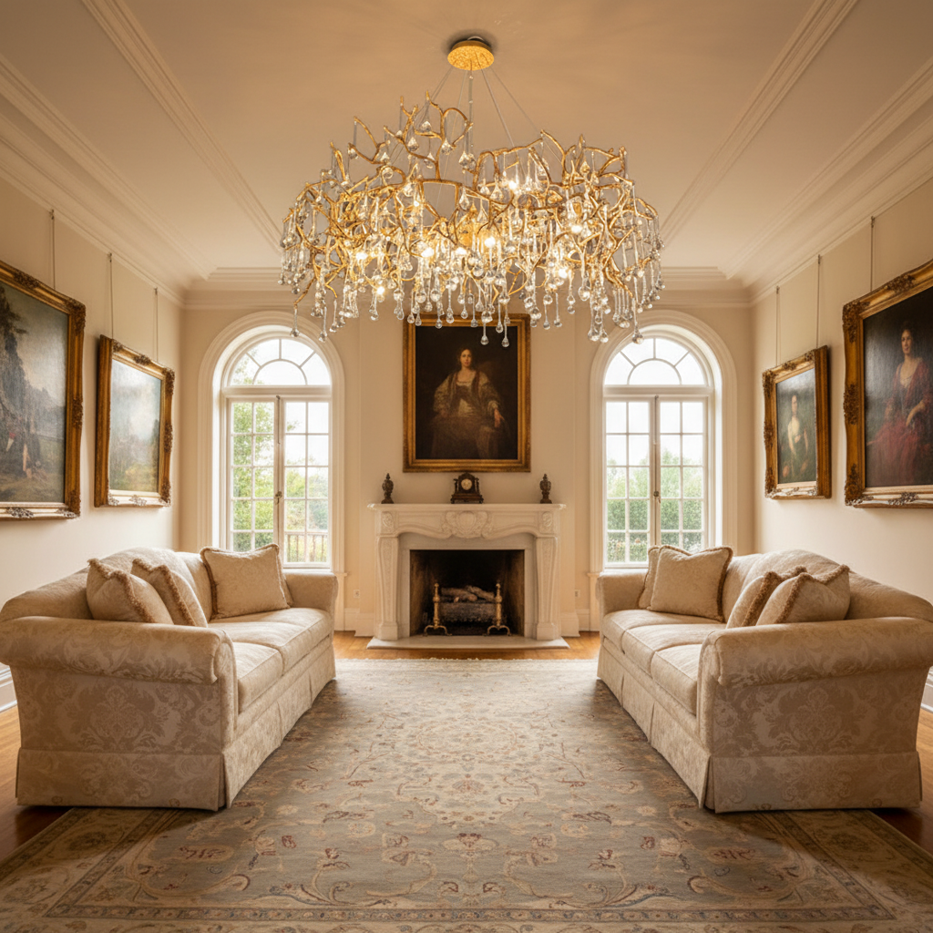 Luster Gaze Veridian Bloom Branch Chandelier - American formal living room with 12-foot ceilings