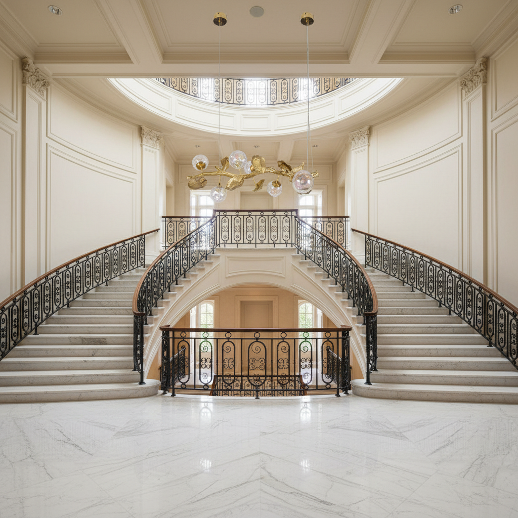 Luster Gaze Organic Glass Bubble Brass Branch Chandelier with Leaves - dramatic American stairwell with soaring ceiling
